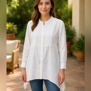 Jones New York Sport White Linen Blend Pintuck Button Front Blouse NWT Size L